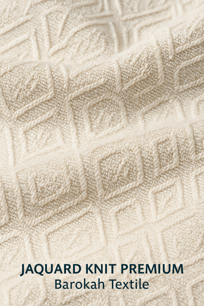 Tekstur Jaquard Knit Premium Barokah Textile dengan motif geometrik timbul elegan